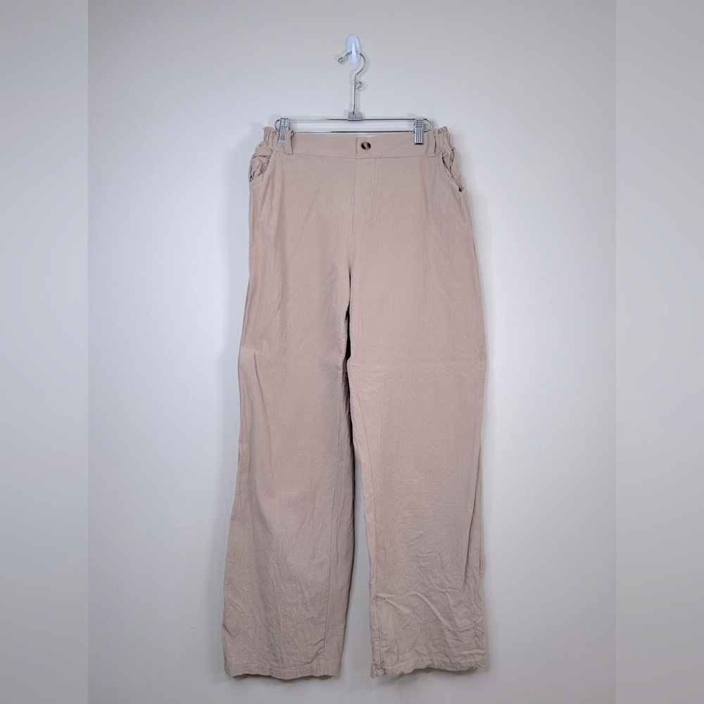 Cotton Blend Tan Wide Leg Paper Bag Maxi Pants Large